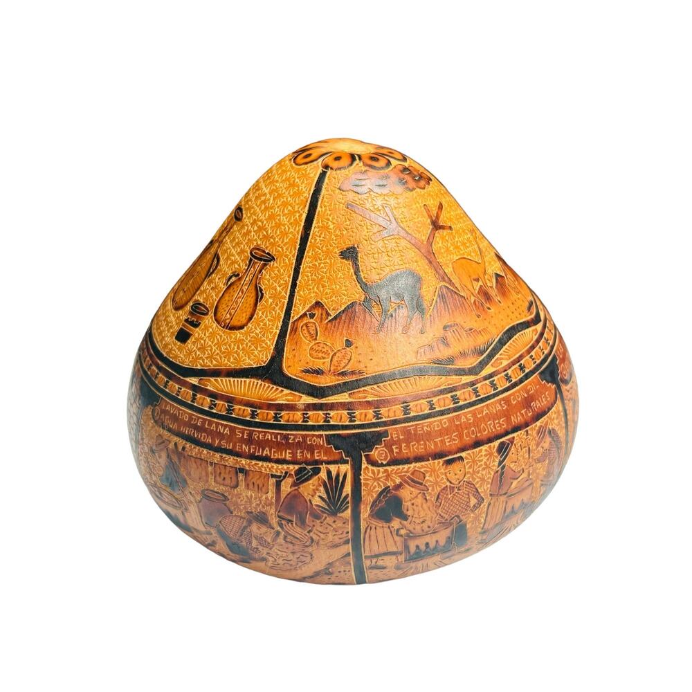Hand Carved Peruvian Peru Folk Art Gourd Primitive Southwestern Farmhouse